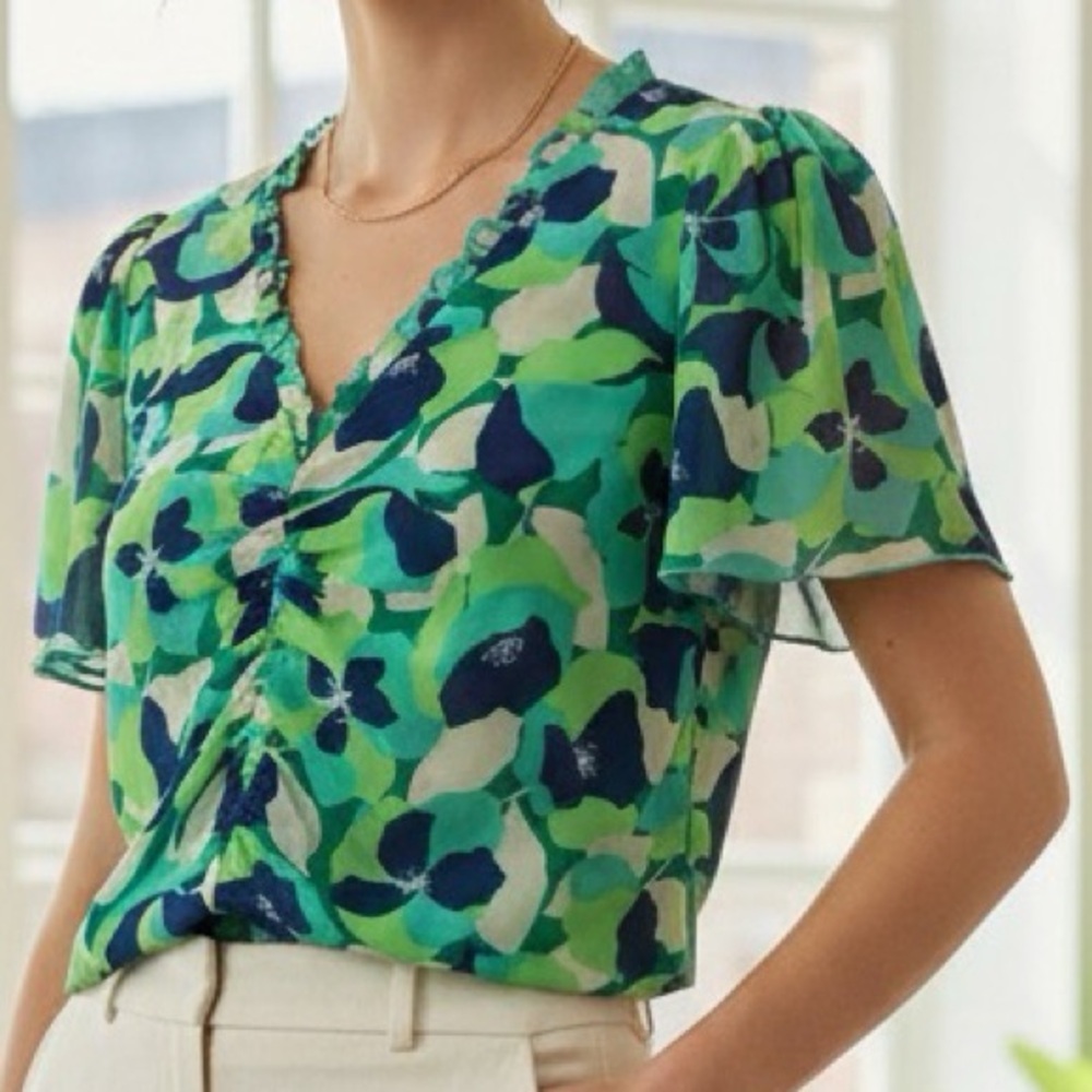 CAbi Green & Navy Abstract Floral V-Neck Blouse
